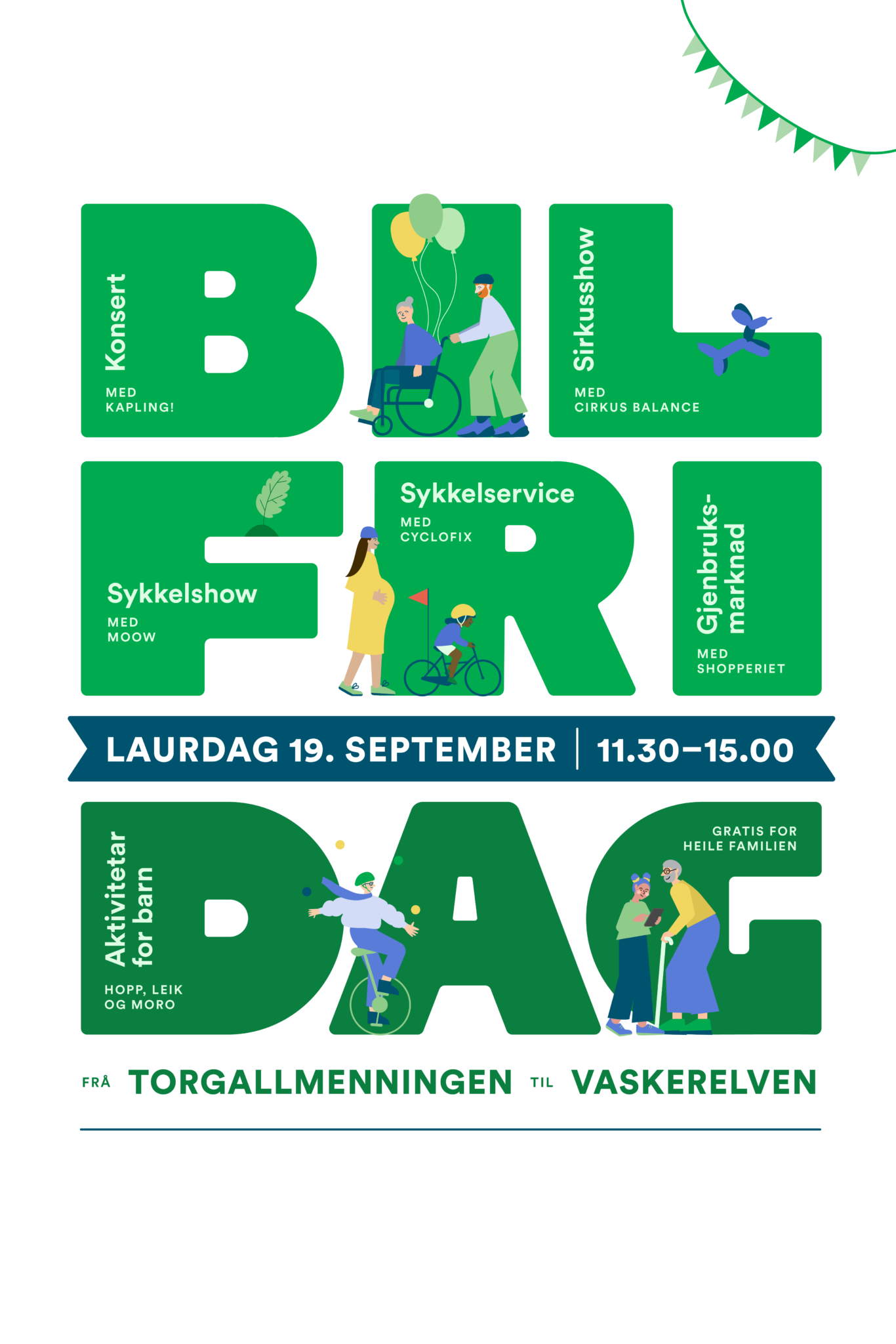 Illustrert kampanjeplakat for Bilfri dag med aktiviteter som konsert, sirkusshow, sykkelservice og gjenbruksmarknad, lørdag 19. september kl. 11.30–15.00 fra Torgallmenningen til Vaskerelven.