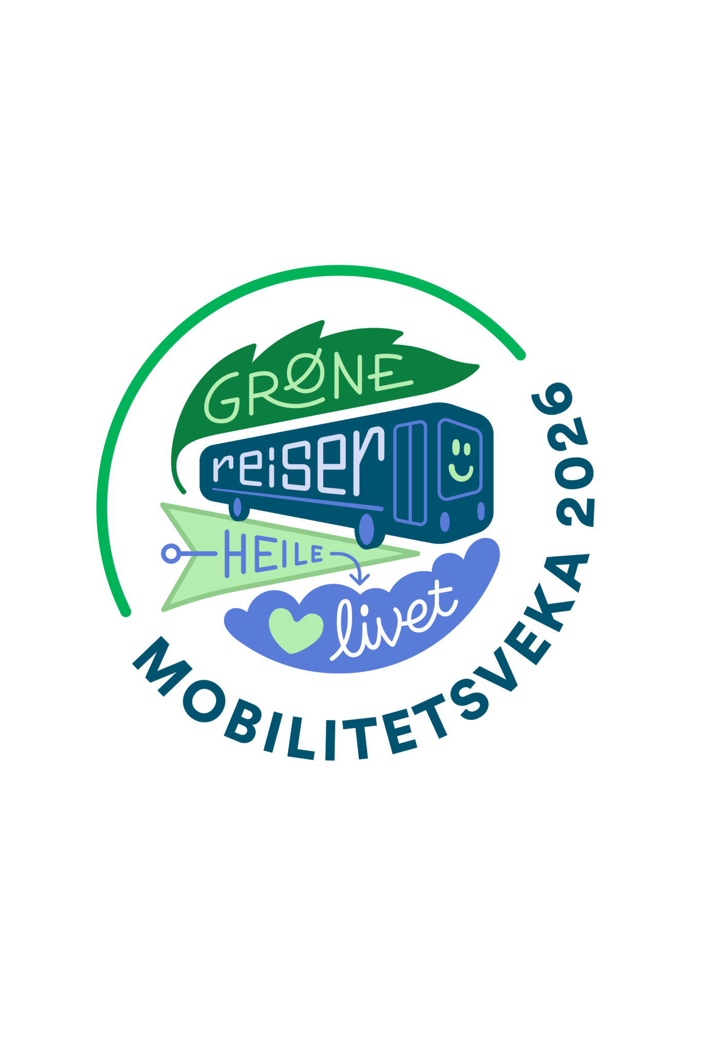 Illustrert emblem for Mobilitetsveka 2026 med teksten «Grøne reiser heile livet» og en tegnet buss.